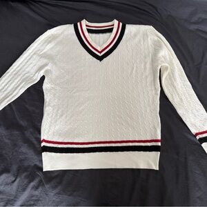 White V-Neck Old Money Sweater with Black and Red Stripes
